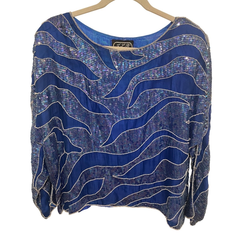 Vintage Blue Silk Top Large JLB‎ Paris Hong Kong Embellished Sequin Beaded